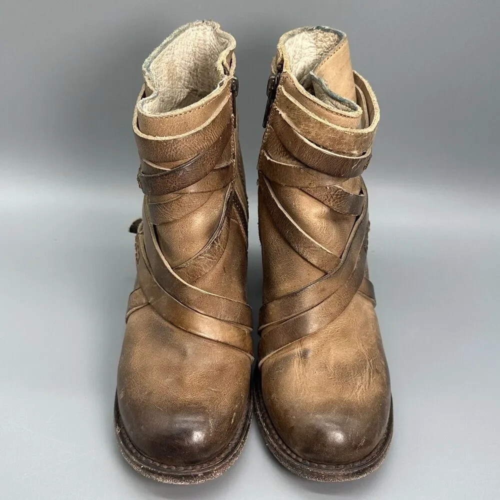 Freebird Gem Womens 6 Brown Tan Zip Leather Ankle Boots Booties Strap Block Heel